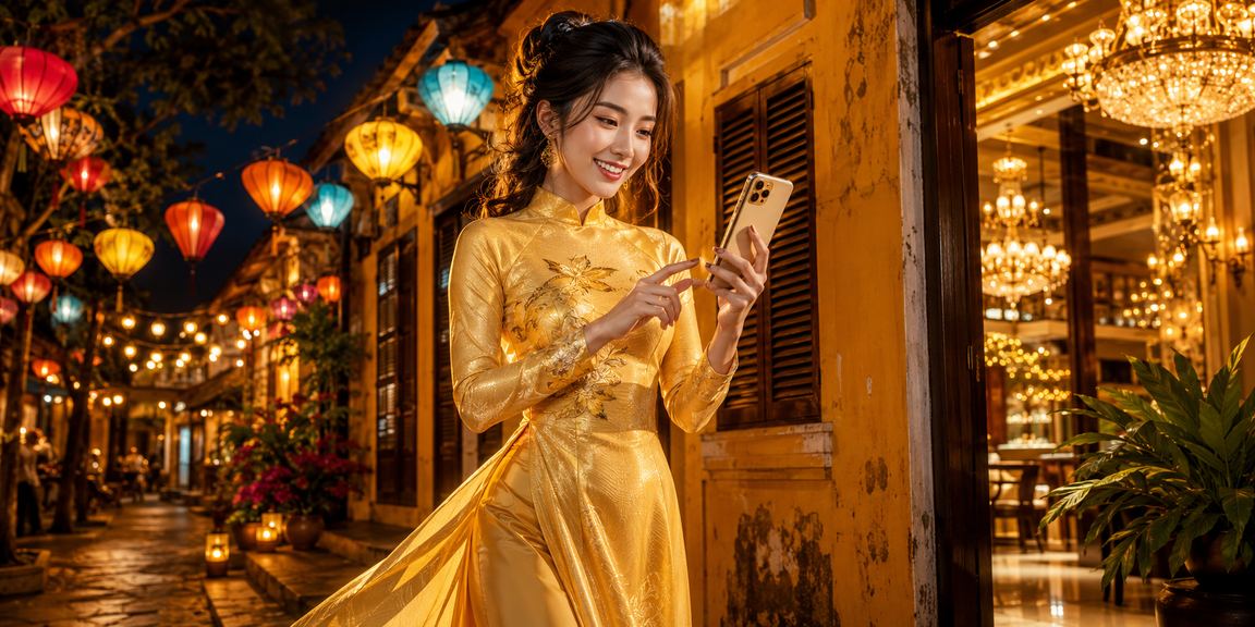 Người dùng Hội An mặc áo dài truyền thống vừa dạo phố vừa kiểm tra kết quả xổ số trên điện thoại
