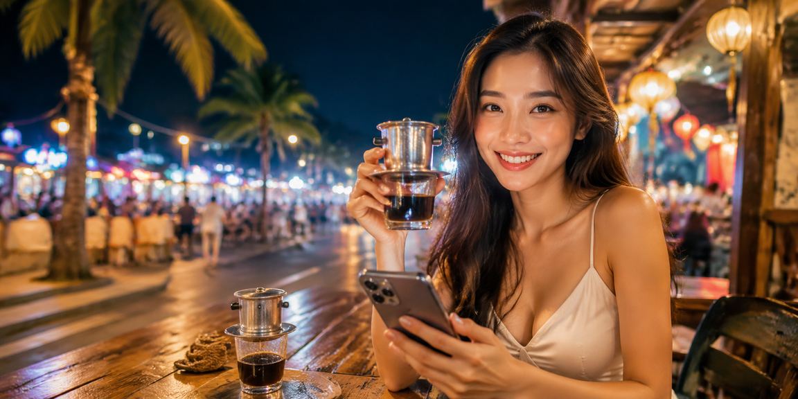 Người dùng Nha Trang kiểm tra quyền riêng tư trên điện thoại trong quán cà phê